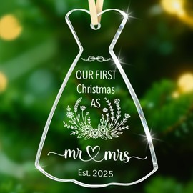 Sensi Blue First Christmas Married Ornament 2025, Glass Wedding Gifts for Couple, Newlywed Gift, Mr and Mrs Keepsake, Bridal Shower Presents for Bride Wife, Wedding Dress Decoration