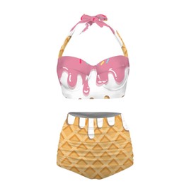 Jndtueit Butterfly Women's Retro Ruched Ruffle High Waist Bikini Set, Flag Tankini Swimsuits Tummy Control Swimwear, Ice Cream, Large