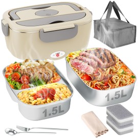 Geveniss Electric Lunch Box for Men, Women & Adults - 80W Fast Heating - Heated Lunch Box with Dual 1.5L SS Containers - Portable Food Warmer for Car, Truck, Office