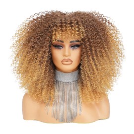 DZfirst Curly Wig With Bangs for Black Women 16 Inch Afro Bomb Curly Wigs for Black Women Premium Synthetic Fiber Glueless Long Kinky Curly Wig (Ombre Blonde)