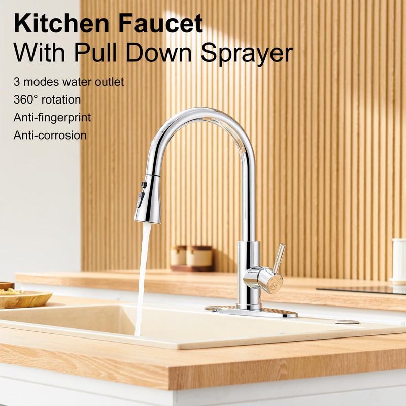 GAGALIFE Chrome Kitchen Faucet with Pull Down Sprayer - High