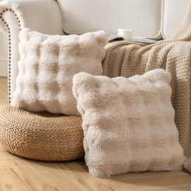 Joyouth Pack of 2 Thick Plush Throw Pillow Covers Fluffy Wave Faux Fur Decorative Cushion Covers Soft Wool Pillowcase for Sofa Couch Livingroom 18x18 Inch Beige