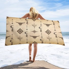 LOMADIA Aztec Beach Towel, Rustic Western Tribal Bull Skull Horns Ethnic Aztec Cow Pattern Pool Camping Swim Towels 31x63 Inch for Travel Swim Pool Yoga Cruise Camping Gear