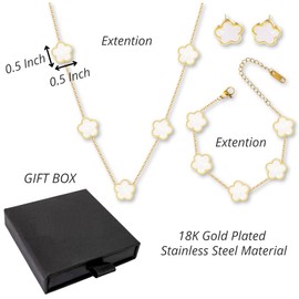 PRIMATORIA Five Leaf Clover Jewelry Set for Women 18K Gold Plated Bracelet Necklace Earrings 5 Leaf Lucky Choker and Ear Studs for Mother and Daughter (White Gold Set)