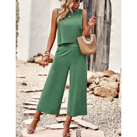 HangNiFang Womens Summer Casual 2 Piece Outfits Round Neck Crop Top Cropped Wide Leg Pants Jumpsuit with Pockets(0921-Green-XL)