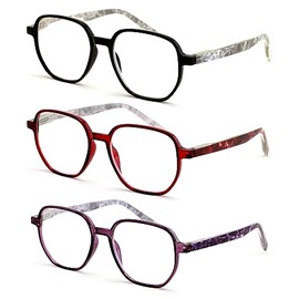 V.W.E. 3 Pairs Women Lightweight Hexagon Shape Wide Oversized Reading Glasses - Clear Lens Reader Marble Temple Spring Hinge 7021 (Black Red Purple, 2.25)
