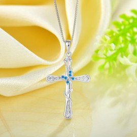 CARICY Butterfly Cross Necklace for Women 925 Sterling Silver Cross Necklaces March Aquamarine Birthstone Pendant Gemstone Jewelry for Women