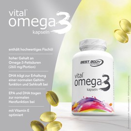Best Body Nutrition Vital Omega 3 Capsules, 260 mg Omega-3 Fatty Acids Per Serving, with Vitamin E, Pack of 120 (82.7 g)