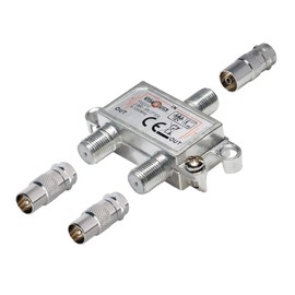2-Way TV Splitter with Coaxial Adapters for Cable TV 1 Input - 2 Outputs Professional Quality for HDTV with Backflow Lock and Decoupling Cast Metal Housing