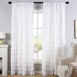 Kotile Watterfall - Cortinas plisadas de tela blanca con volantes para ventana, diseño de rayas horizontales, para sala de estar, 1 panel de 84 pulgadas de largo, capa de volantes gitanos para habitación de niñas