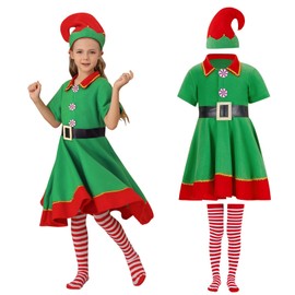 URMAGIC Christmas Elf Costumes Family Matching Green Fancy Dress Elf Outfits for Women Kids Men Adult Xmas Suit