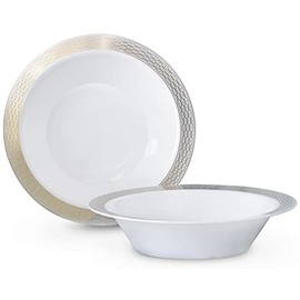 " OCCASIONS " 240 Bowls Pack, Heavyweight Disposable Wedding Party Plastic Bowls for Christmas, (14 oz Soup Bowl, Diamond in White & Gold)