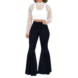 Aro Lora Women's Plus Size High Waist Ruffle Casual Party Club Flare Bell Bottom Pants XXX-Large Black