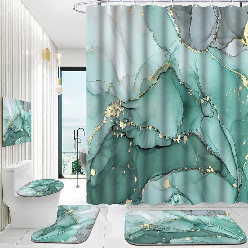 Onlalasyc Turquoise Marble Shower Curtain Set, Gold Cracked Lines Gilt