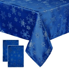 Tegeme 2 Pack Christmas Snowflakes Tablecloth, Rectangle Metallic Jacquard Woven Table Cloth Polyester Fabric Table Cover for Xmas Winter Holiday Dinner Party Decor(Blue,60 x 120 Inches)