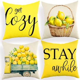 Ogiselestyle Watercolor Lemon Truck Get Cozy Stay Awhile Throw Pillow Covers, 18 x 18 Inch Yellow Lemon Basket Summer Cushion Case for Sofa Couch Set of 4