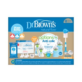 Dr. Brown's Dr. Browns Natural Flow Anti-Colic Options+ Wide-Neck Glass Baby Bottle Starter Set with 100% Silicone Glass Bottle Sleeves, Baby Bottle Brush, Prevent Pacifier and Pacifier and Bottle Wipes