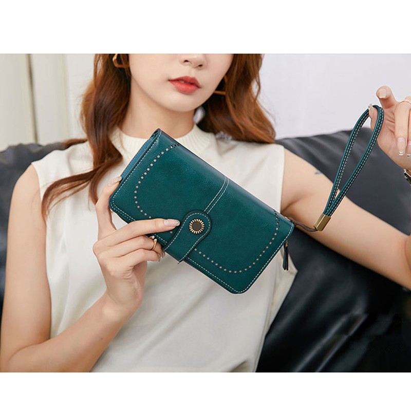 RFID Blocking Leather Wallet Large Capacity Double Snap Button Women
