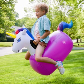 Hearthsong Hop N Go Inflatable Unicorn Riding Bouncy Hopping Toys for Kids Ages 5+ - Ride On Bouncer Animal Hopper Jumping Toys for Outdoor Games
