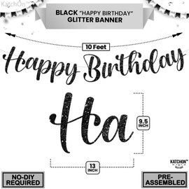 KatchOn, Glitter Black Happy Birthday Banner - Pre-Strung, 10 Feet | Black Happy Birthday Sign for Backdrop | Black Birthday Decorations | Black Birthday Banner | Happy Birthday Decorations for Men