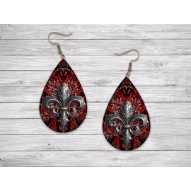 Unbranded Red & Black Fleur De Lis Teardrop Earrings