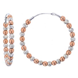 Rose and Yellow Gold Plated Sterling Silver Polished Diamond Cut Beaded Hoop Earrings for Women | 3x30mm Round Hoop Earrings | Secure Snap Bar Closure | 14k Shiny Classic Earrings