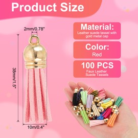PATIKIL 1.5 Inch Leather Tassels, 100 Pcs Faux Leather Suede Tassel Keychain Charm Bulk with Gold Cap for DIY Craft Decor Handbags Bracelets Jewelry Making Keyring, Pink