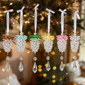 6 Pcs Crystal Ornaments Hanging Acrylic Pine Cone Ornaments with Rope Christmas Tree Decorations Holiday Home Party Decorative Accessories for Xmas Wedding Winter Festival