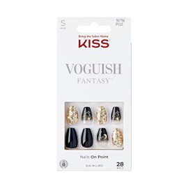 KISS Voguish Fantasy, Press On Nails, Nail glue included, 'Hush Rush', Black, Short Size, Coffin Shape, Includes 28 Nails, 2g Glue, 1 Manicure Stick, 1 Mini file
