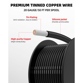 NAOEVO NAOEVO 20 Gauge Wire 300ft, 20 AWG Wire 6 Colors 50ft Each Spool, Flexible Silicone Tinned Copper Electrical Cable, Wiring kit for Breadboard/Automotive/DIY/Battery, 200℃ 12V