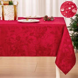 Mebakuk Mantel de Jacquard Navideño Impermeable Elegante con Patrón Floral Damasco, Cubierta de Mesa de Peso Pesado Limpiable Libre de Arrugas para Cena o Uso Diario (Rojo, 60" x 144" (12-14 Asientos