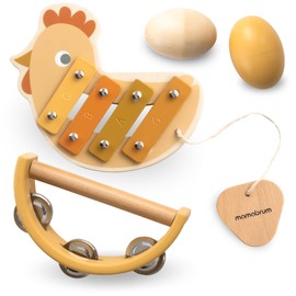 Mamabrum Instrument Set for Children Ages 12 Months + Tambourine, Rattles, Xylophone, Hen Theme, Educational Toy to Support Baby Manual and Sensory Development, Subtle Colours