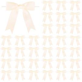 Meseey 50 Pcs 5 Inches Twist Tie Satin Ribbon Bows Pretied Premade Craft Bows for Treat Bags Gift Wrapping Basket Wedding Baby Shower Brithday Christmas Party (Champagne)