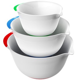 Vremi 3 Piece Plastic Mixing Bowl Set - Nesting Mixing Bowl with Rubber Grip Handles Easy Pour Spout and Non Slip Bottom - Three Sizes Small Large Capacity for Kitchen Baking or Salad - White Multi