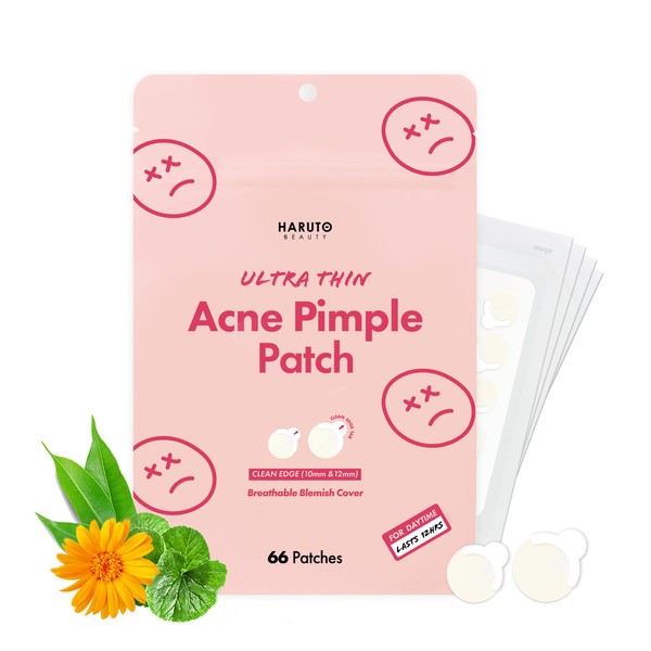 Haruto Ultra Thin Pimple Patches (66 Counts/ 1 Pack) in 2 Sizes, Acne treatment with Tea Tree & Calendula & Cica, Blemish Spot Cover, Facial Sticker