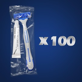 (100 Pack) Kheoxusa 3 Blade Disposable Razor,Three Blade Disposable Razors,Triple Blade Disposable Razors,Disposable Razors Individually Wrapped,Disposable Razors for Hotel, Airbnb,Homeless-Grey Blue