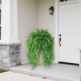Juxdp Artificial Hanging Ferns Plants Topiary for Outdoor Decoration,Fake Boston Fern Potted Plants Faux Greenery Bush UV Resistant for Front Porch Door Garden Farmhouse Home Decor (Green)