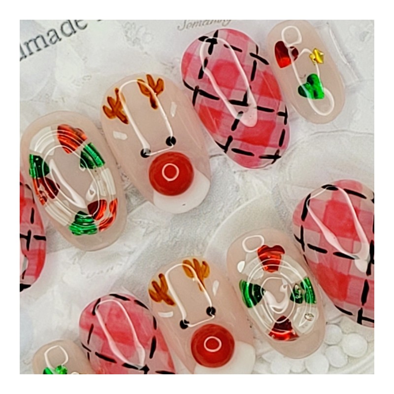 Christmas Rudolph handmade nail tips - lipstick / 크리스마스 루돌프