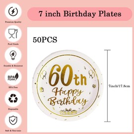 AHPYEUHK 60th Birthday Paper Plates 7" Party Dessert Plates 50 pcs White and Gold 60th Decorations Disposable Tableware Party Supplies