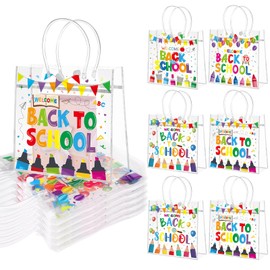 RZJSLSHANHAI 24 Pcs Back to School Gift Bags First Day of School Plastic Clear Gift Bags with Handle Colorful Crayon Goodie Bags Candy Treat PVC Handbags Bulk for Classroom Party Favor Supplies