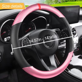LoyaForba Carbon Fiber Car Steering Wheel Cover, Breathable Microfiber Leather for Women and Men, 15 inch Anti-Slip Odorless Steering Wheel Protector, Universal Fit for Most Vehicles (Pink)