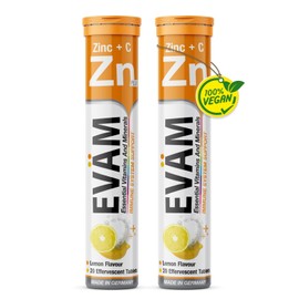 EVÄM Zinc Plus Vitamin C Effervescent Tablets, Lemon Flavour, 2 x 20 Pieces, Dietary Supplement to Support the Immune System, Vegan, Made in Germany