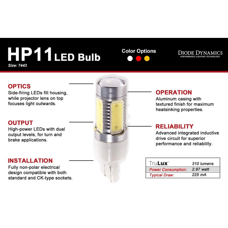 7443 LED Bulb HP11 LED Red Single Diode Dynamics