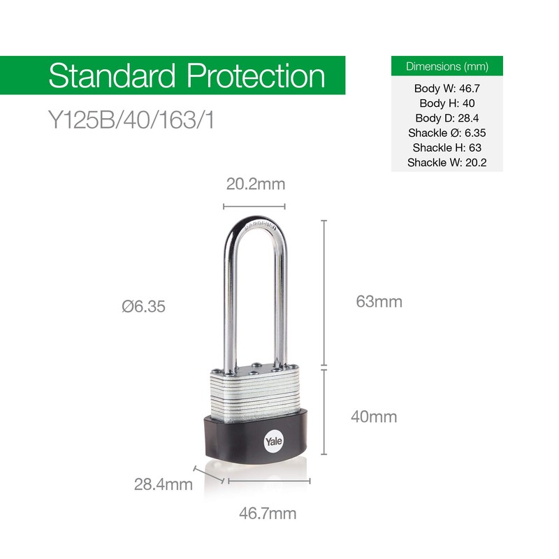 Yale Y125B/40/163/1 - Laminated Steel Long Shackle Padlock (40mm) -