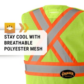 Pioneer Hi-Vis Tear-Away Traffic Safety Vest for Men & Women - Breathable Mesh - 4 Pockets - Adjustable Fit - Yellow/Green