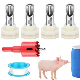 4 Pcs Pig Waterer Nipples for Barrel Kit, Stainless Steel Pig Nipple Water Drinker Feeder, Automatic Hog Waterer Nipples Water System with Tank Connector Kit for Piglets Goat