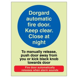 V Safety Photoluminescent Dorgard Automatic Fire Door - To Manually Release Push Door 150 x 200 mm - Glow In The Dark 1mm Rigid Plastic Safety Sign