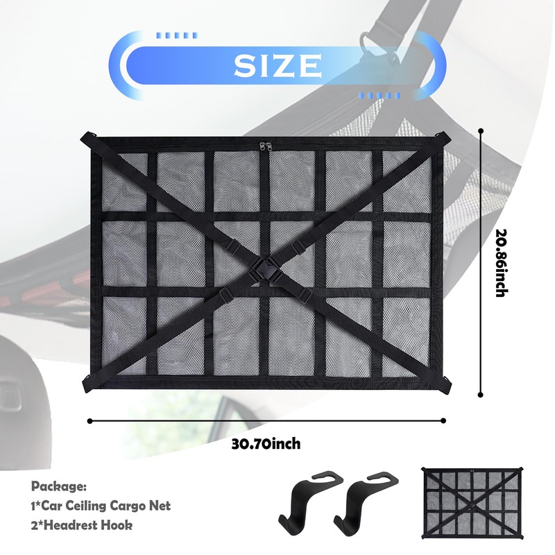 Car Ceiling Cargo Net with 2*Headrest Hook,Large Capacity Anti-Fall Cargo