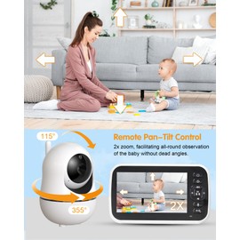 Baby Monitor with Camera, 5'' Screen, Remote Pan-Tilt-Zoom, Temperature Monitoring, Lullabies, and Night Vision - 1000ft Range, VOX, No WiFi, 2-Way Talk