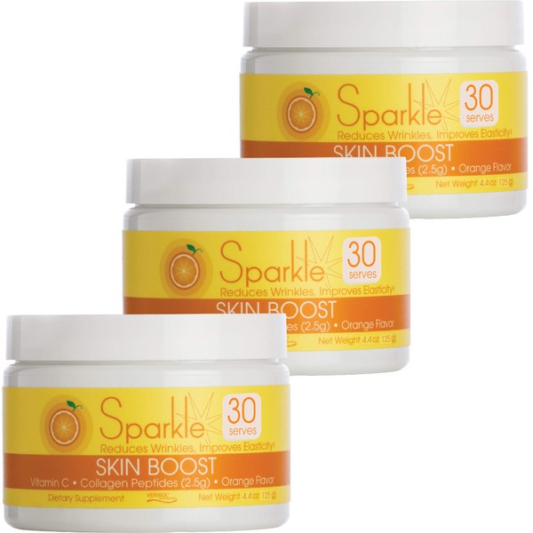 Sparkle Skin Boost (Orange) [30-Serves] (3-Pack) Verisol Collagen Peptides Protein Powder Vitamin C Supplement, 3X 4.4oz